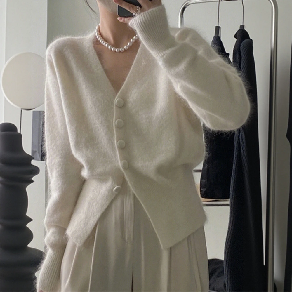 

Women's Japanese Style Knitted Cardigan Pure Color V-Neck Casual Loose Waist Sweater Jacket Western Style Autumn New