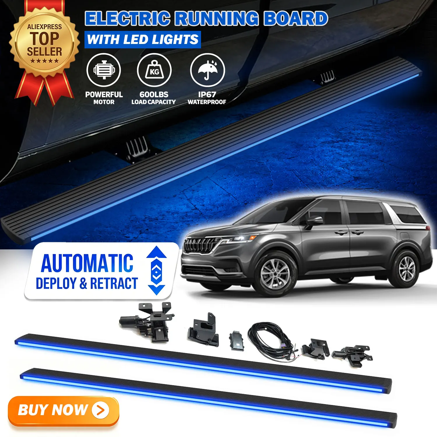 Fits For KIA Carnival 2019-2026 Deployable Power Electric Running Boards with LED Light Strips Side Step Nerf Bars
