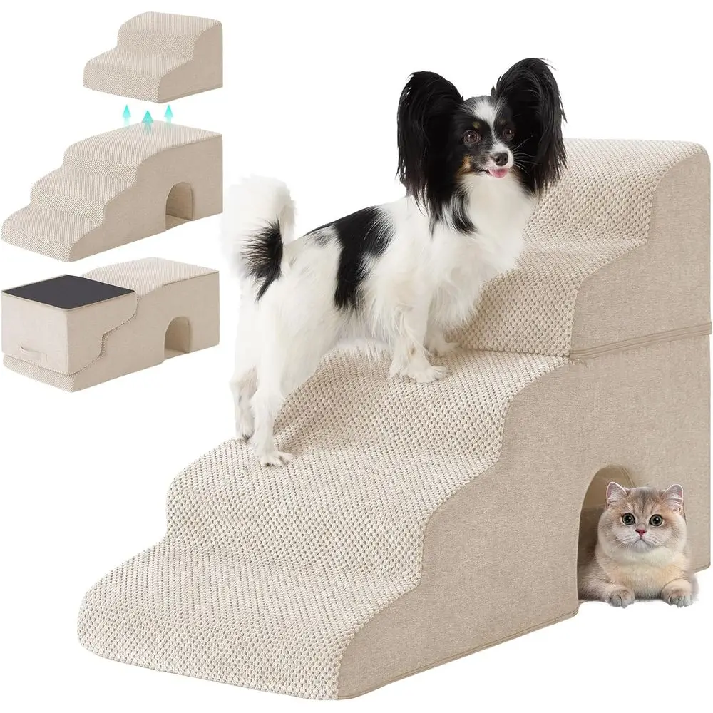 5-Step Non-Slip Pet Stairs for Easy Access to Beds and Couches, Waterproof Cover, Beige