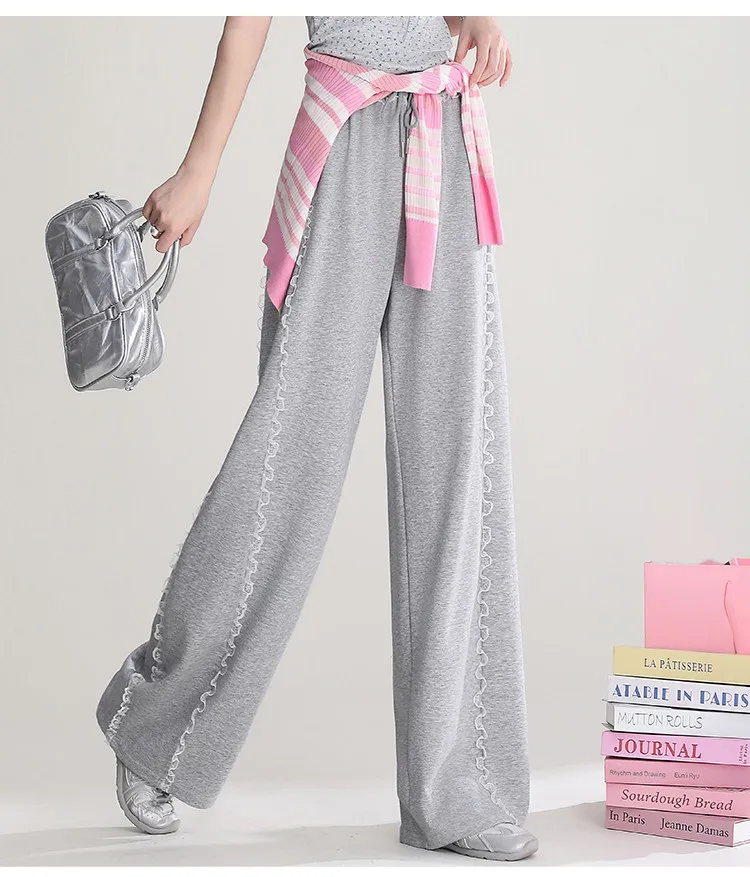 LOUIS YAO Women Casual Pants With Rib Lace Trim 2026 Spring/Autumn High Waist Slimming Loose Straight Leg Trousers