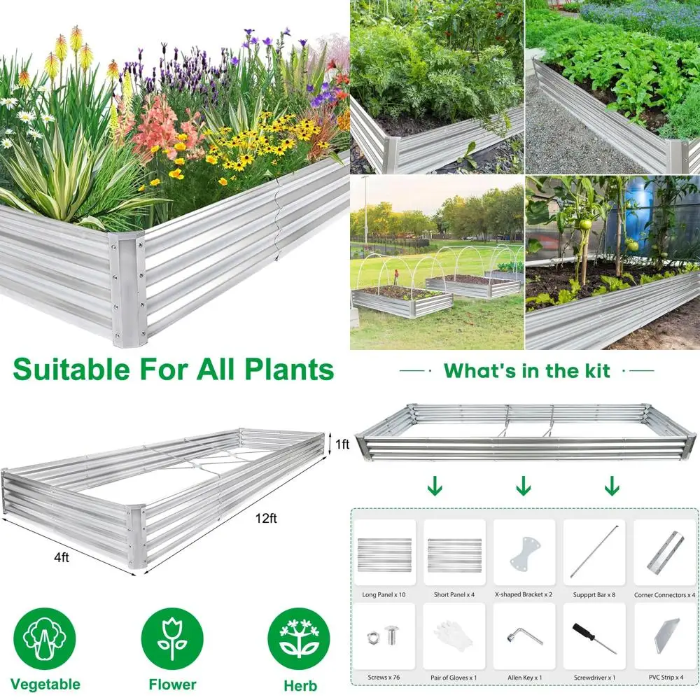 

12x4x1ft Metal Raised Garden Bed Kit - Galvanized Outdoor Planter for Growing Vegetables, Fruits, Flowers