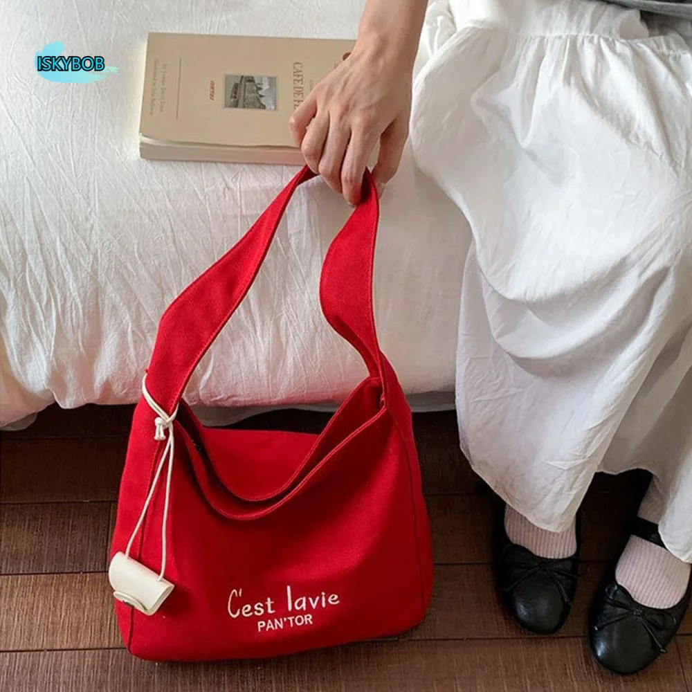 

Simple Korean Letter Shoulder Bag Versatile Large Capacity Student Tote Bag Canvas Casual Women's Armpit Bag Girls