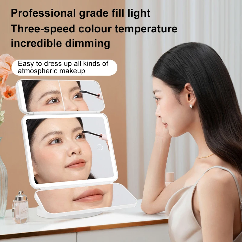 Three Folding Makeup Mirror Led Fill Light Magnified Mirror USB Rechargeable 3 Gears Light Color Rotating Storage Vanity Mirror