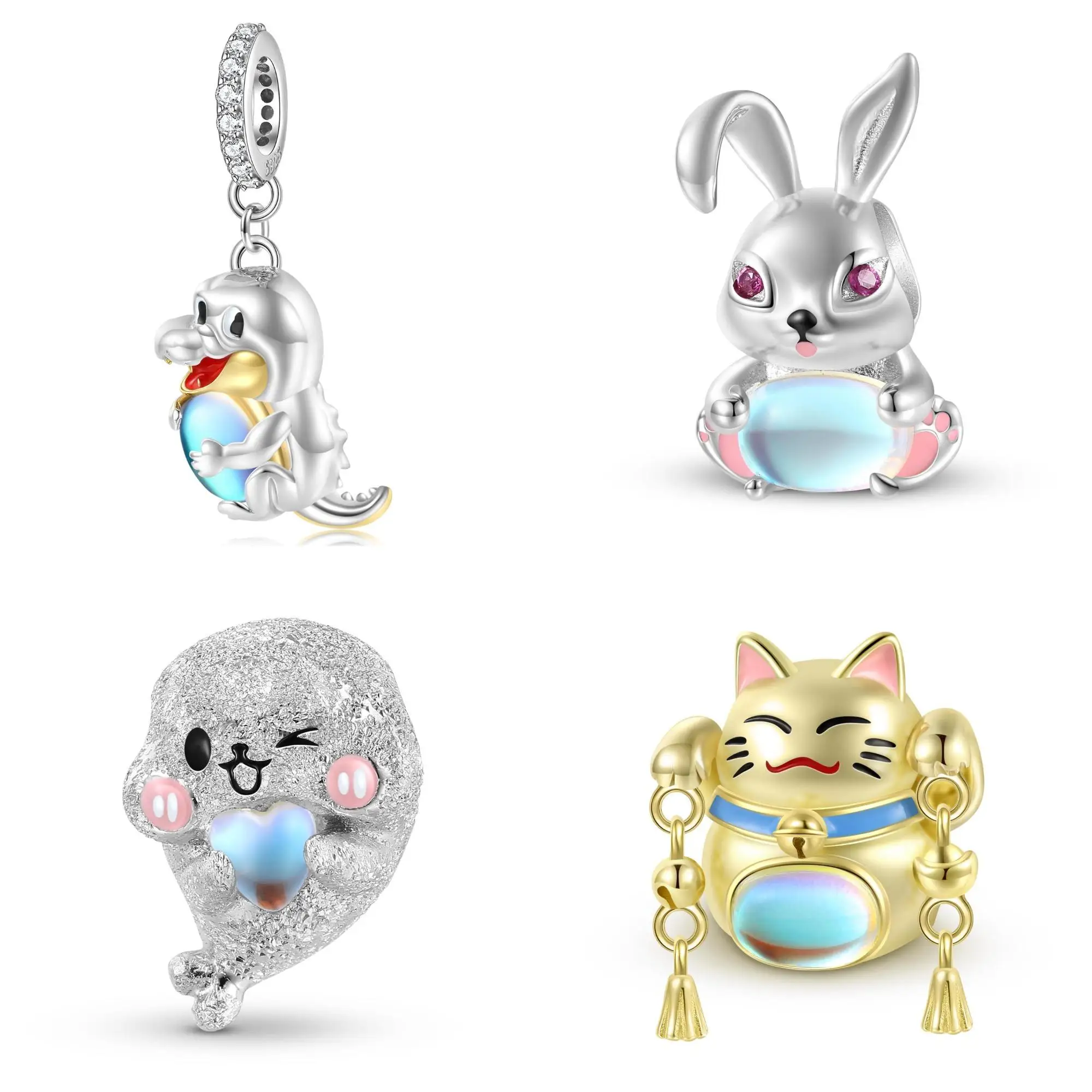 925 Sterling Silver Moonlight Stone Animal Rabbit Gold Cat Dragon Egg Seal Pendant Charms for Bracelet Mother Girlfriend Gift