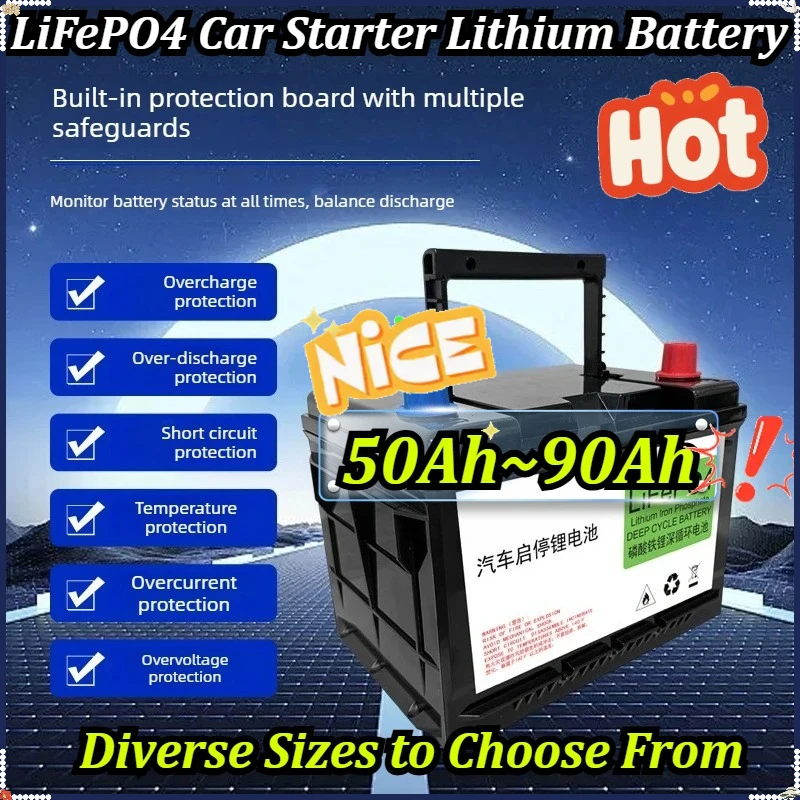 

12V 90Ah LiFePO4 Car Starter Lithium Battery for Golf Cart,Solar Power System,Trolling Motor Phosphate Scooter Engine Battery