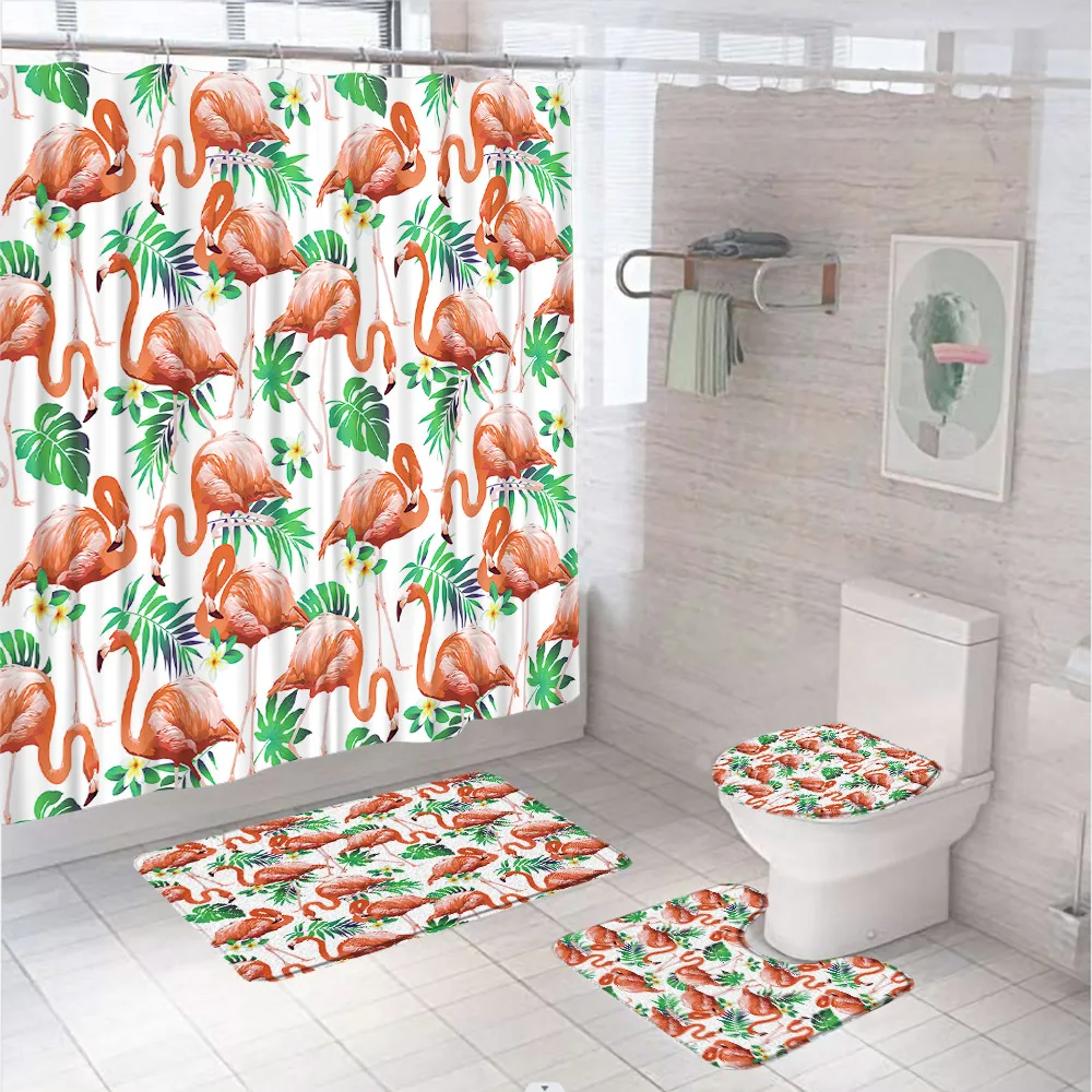 

Tropical Flamingo Shower Curtain Set Bathroom Screen Green Palm Leaves Modern Flower Plant Bath Mat Toilet Lid Cover Carpet Rug