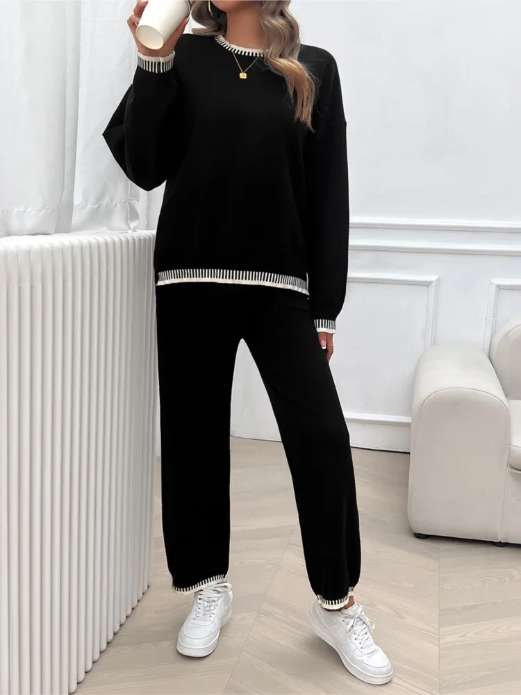 Patchwork Sweater And Straight Pant Set Knitting Top And Long Trouser Casual Teo Piece Set Autumn Winter Loose Homewear Suit