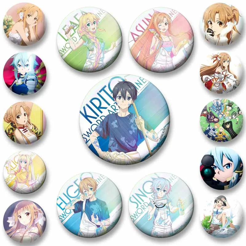 Anime Sword Art Online Button Brooch Cute Cartoon Figure Lapel Pins Round Plastic Brooch on Backpack Jacket Jewlery Friend Gifts