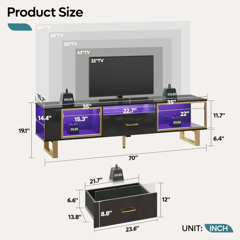 LED TV Stand , Modern Entertainment Center with Open Storage and Half-Glass Design Drawer, High Gloss Media Console image 2
