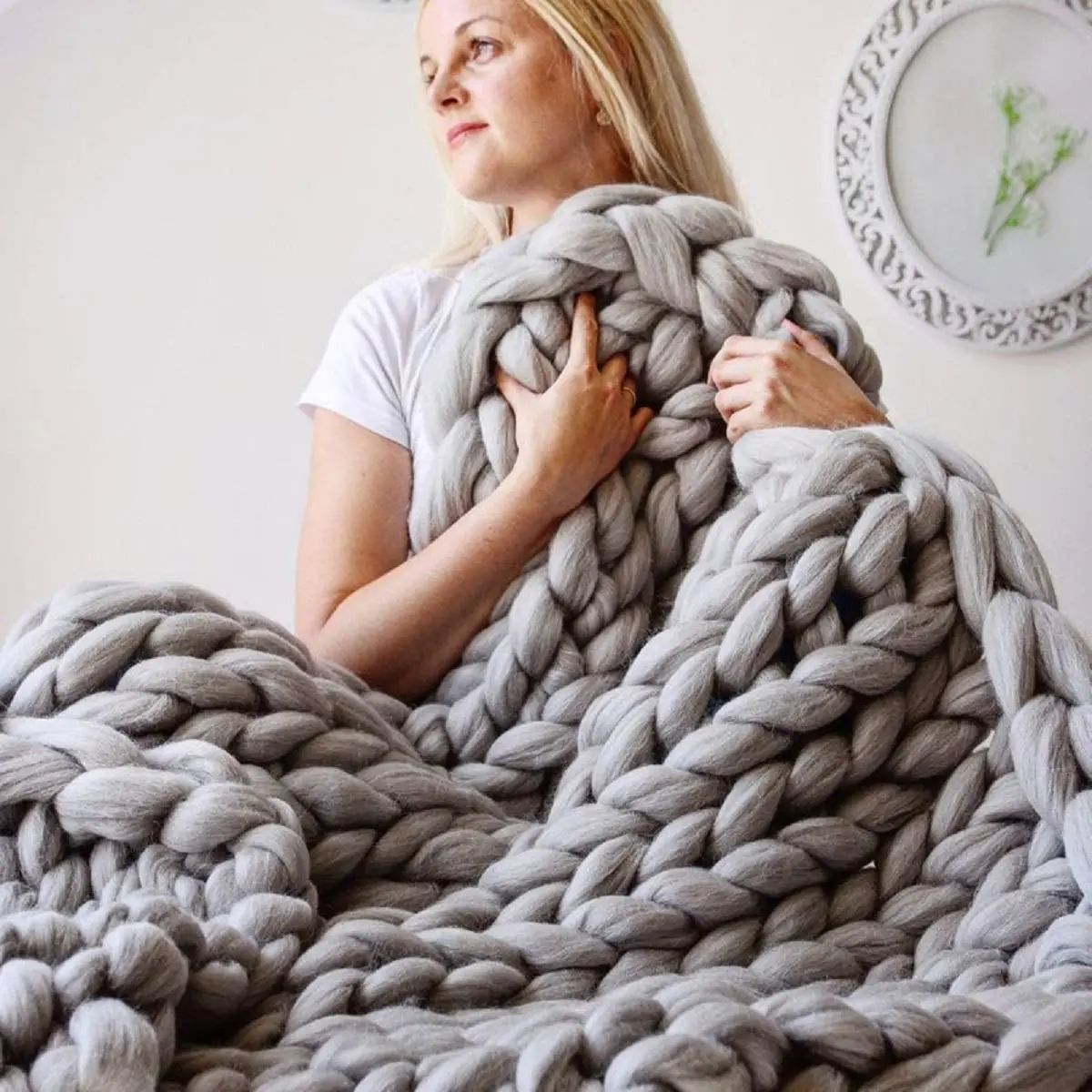 Handmade Chunky Knit Blanket Large Thick Wool Bulky Knitting Throw for Bedroom Decor Pet Bed Chair Mat Rug Grey