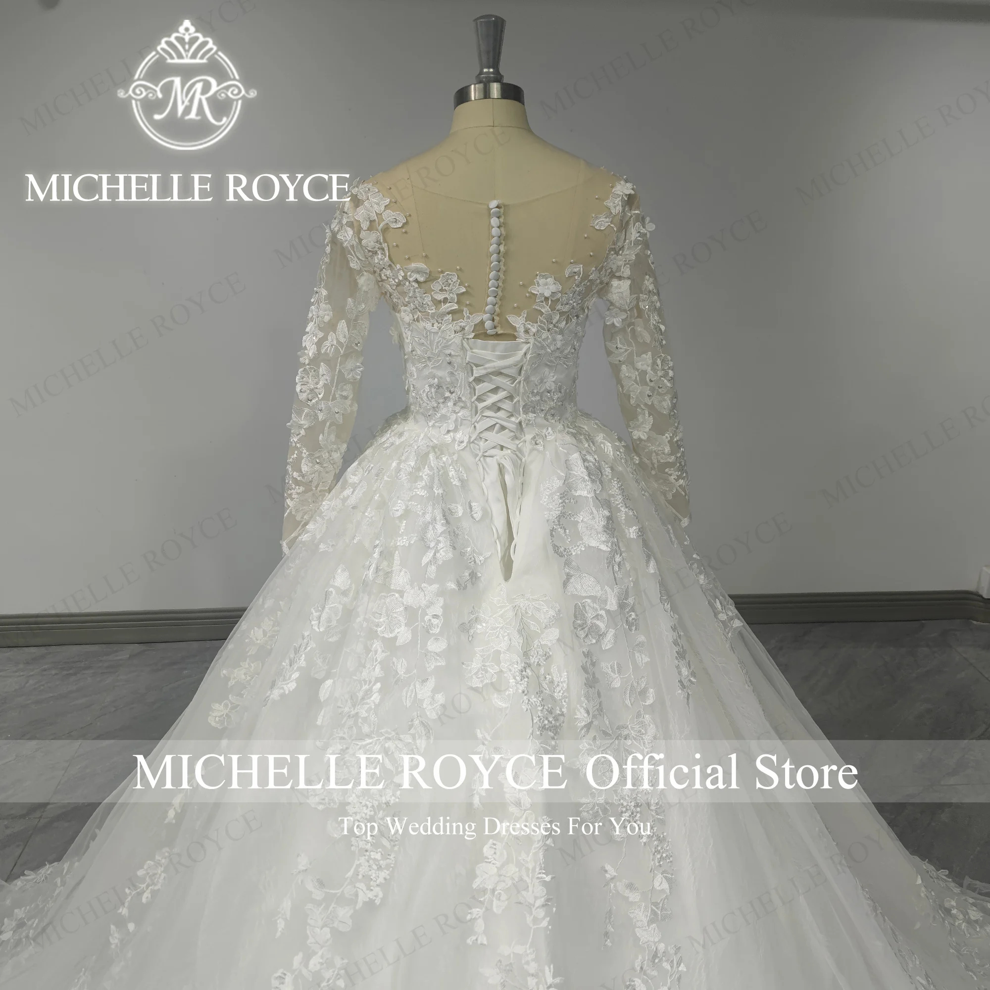 Michelle Royce-Robe de Mariée à Manches sulfen Dentelle, Tenue Éducative, Sexy, Dos aux, avec Perles et Fleurs