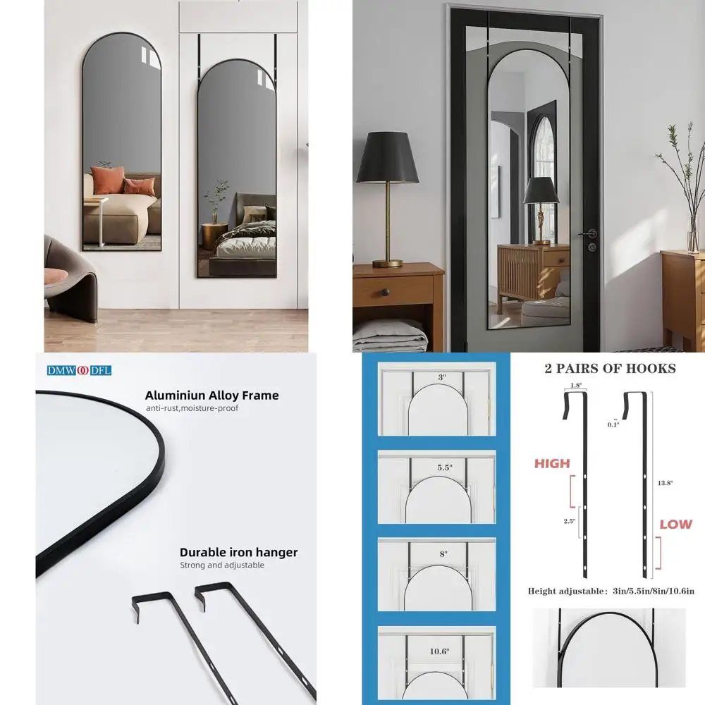 

Arched Over-Door Mirror, 50x16, Adjustable Height, Shatterproof Glass, Aluminum Frame for Home Decor
