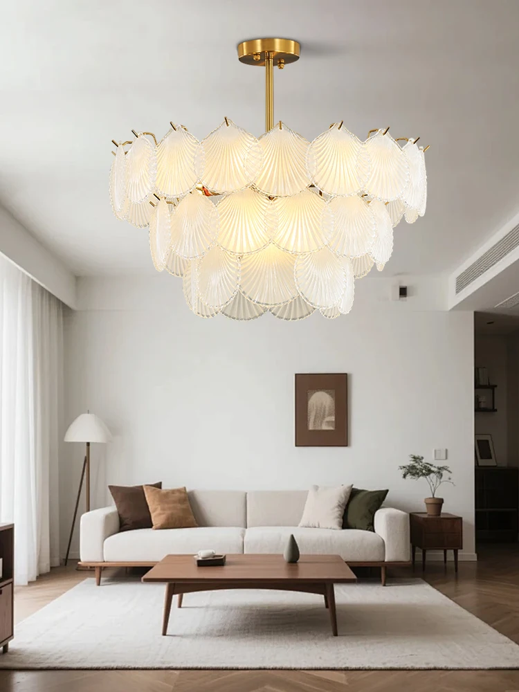 الحديثة الفرنسية نمط واضح الزجاج السقف قلادة ضوء الفاخرة، قذيفة بيضاء الزجاج جولة قلادة مصباح لغرفة المعيشة الديكور #6