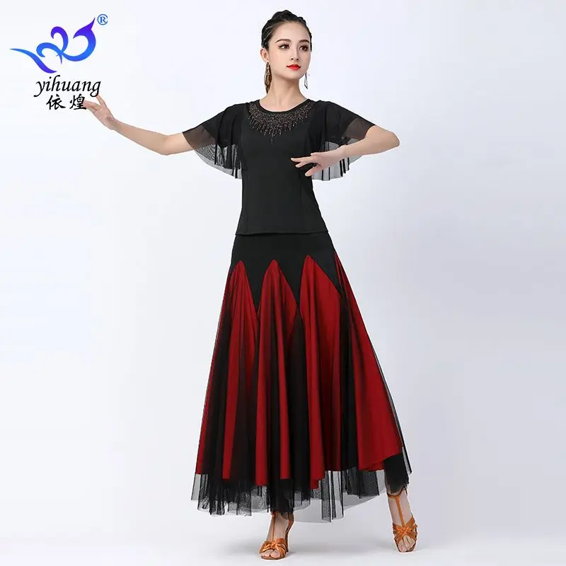 

Modern Dance Social Dance Dress Trumpet Sleeve Top Dance Costume Set Dance Half Skirt Large Swing Skirt, Performance Dress