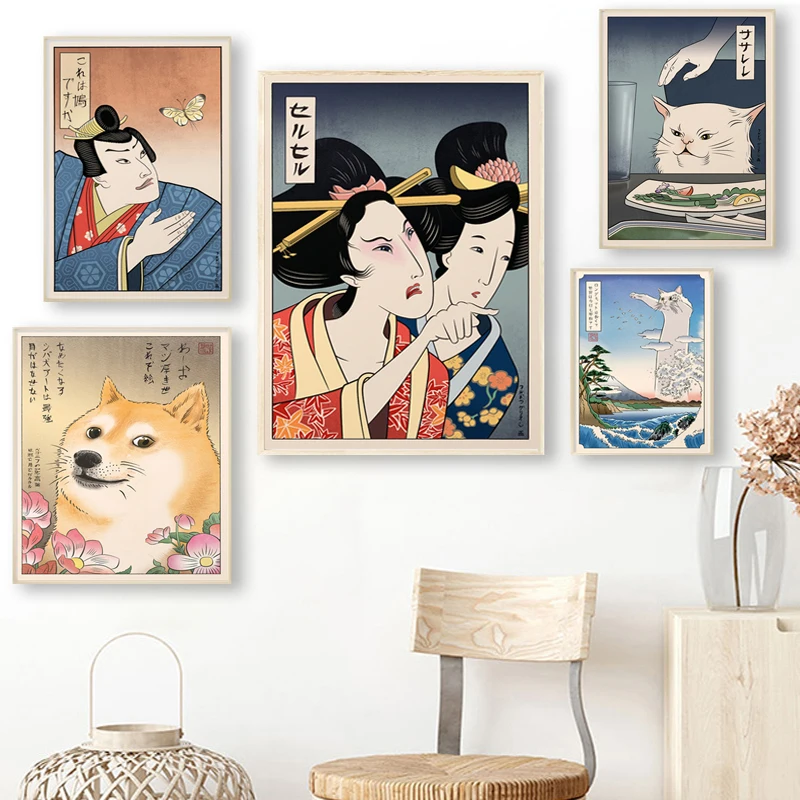 Funny Cute Canvas Painting Japanese Geisha Woman Yelling At Cat Posters and Prints Wall Art Pictures Bedroom Home Decor Cuadros