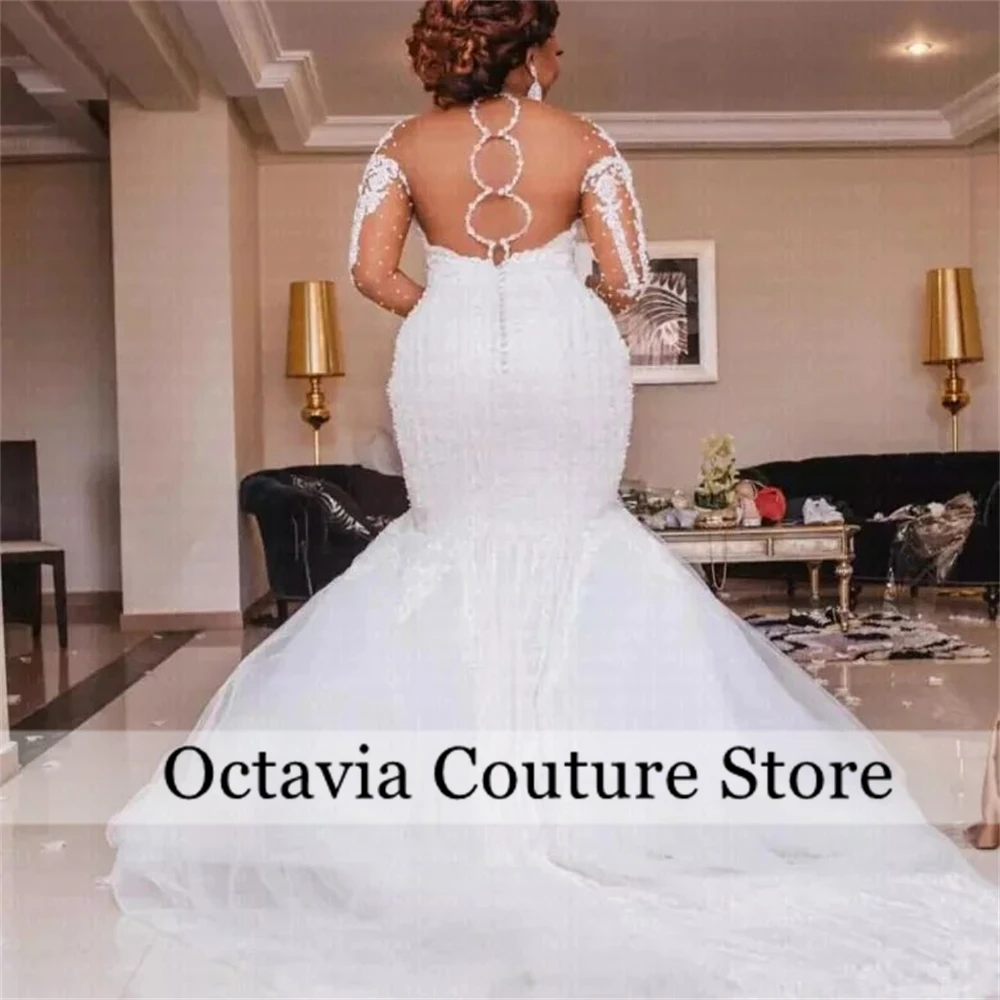 花嫁のための白いレースのウェディングドレス,ビーズ,ラウンドネック,長袖,人魚の衣装,カスタマイズされた,特別な機会