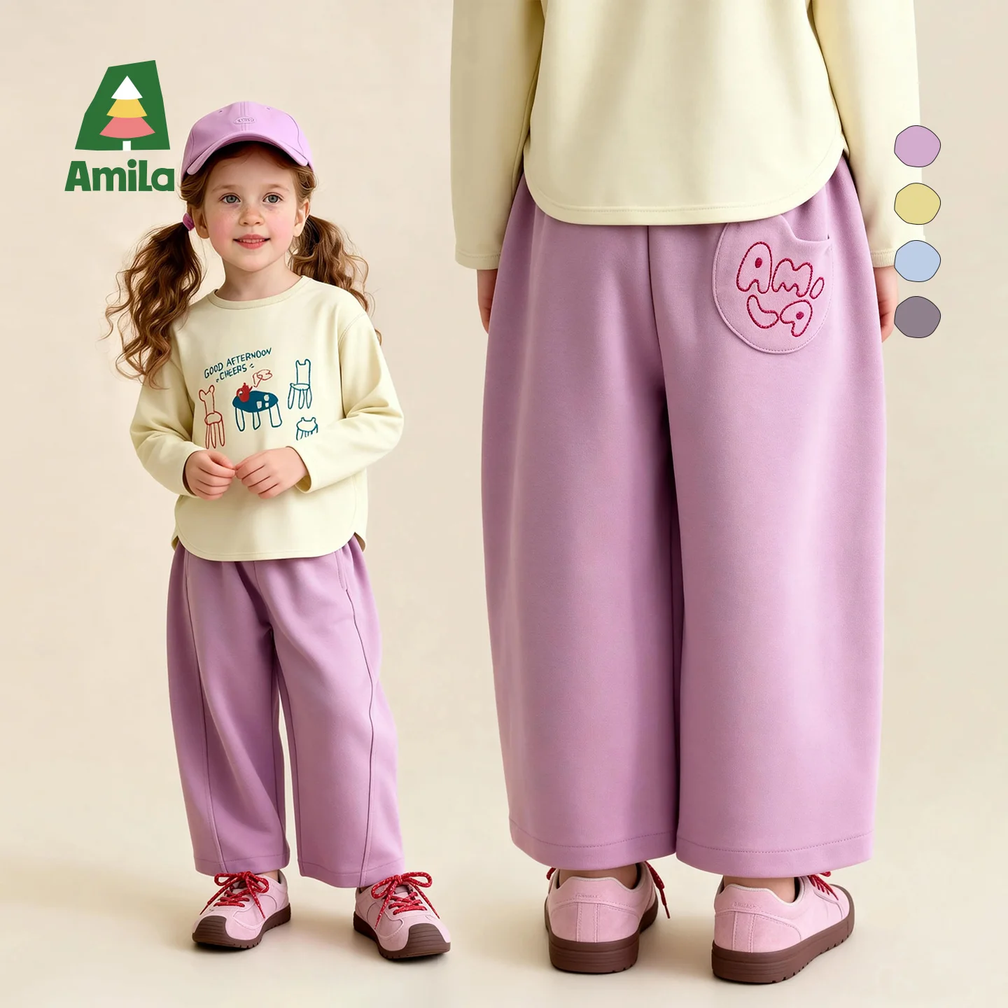 Amila Spring New Children's Casual Pants With Elastic Waist Pattern Pocket Details Comfortable Casual Multi Color Options
