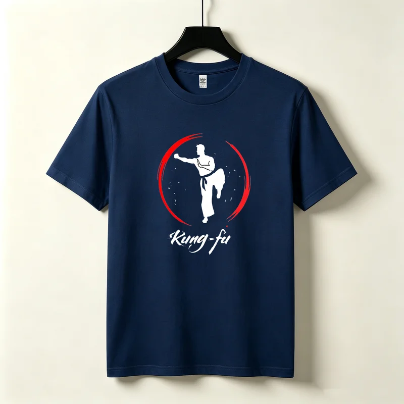 Kung Fu Red Circle Fighter Silhouette Brush Stroke Calligraphy Text Minimalist Combat Emblem Heavyweight Cotton Unisex T-Shirt