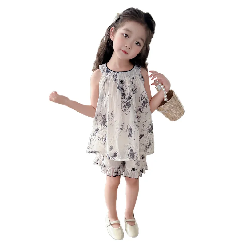 Set 2024 Summer Clothes New Small and Medium-sized Girls Ink Painting Sleeveless Suspender Base Shirt Shorts Two-piece Set