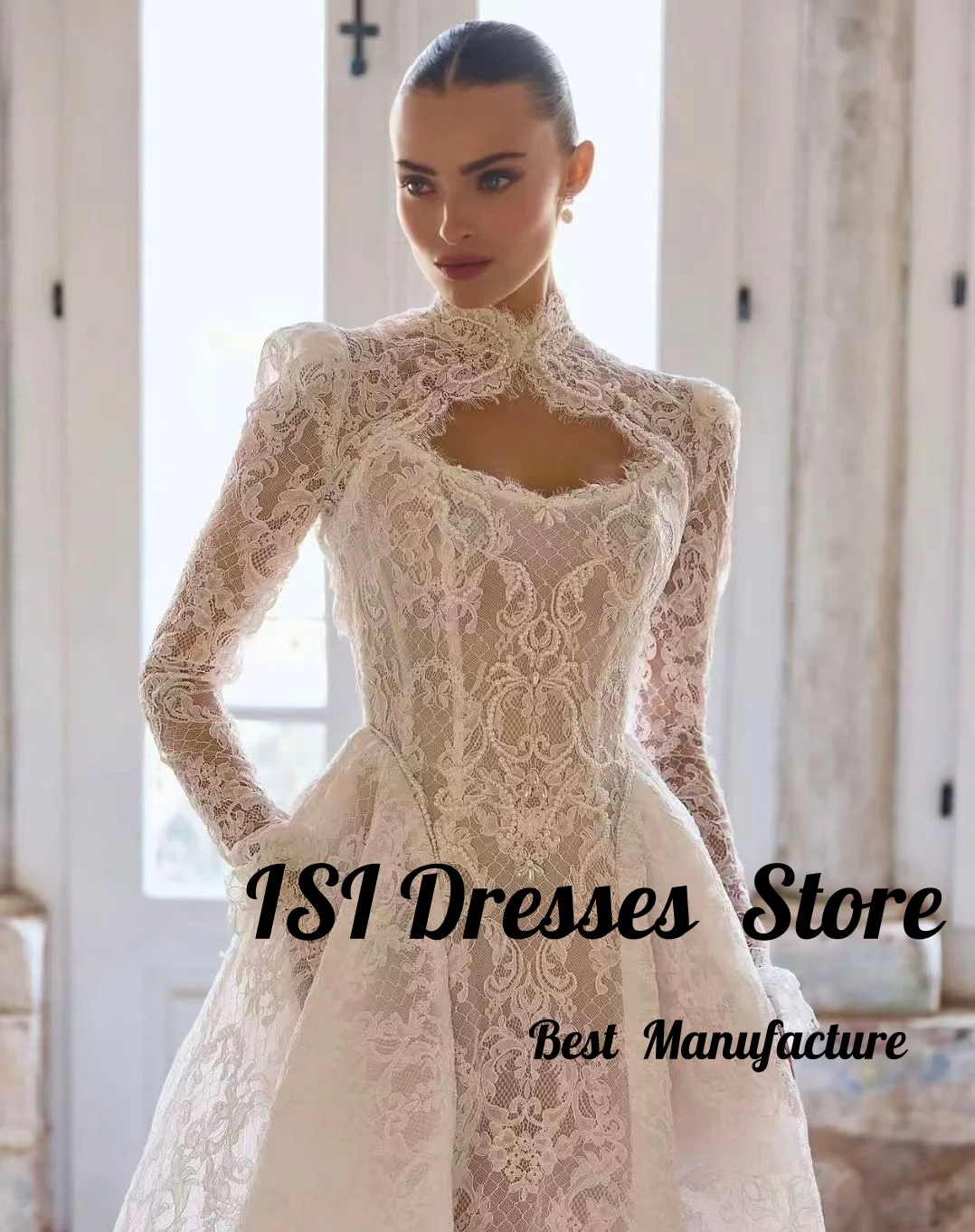 ISI Customized Modest Pearls Lace Wedding Dress Remove Jacket Sleeves 2 Styles A-Line Luxury Bridal Gown Vestido De Novia 2026