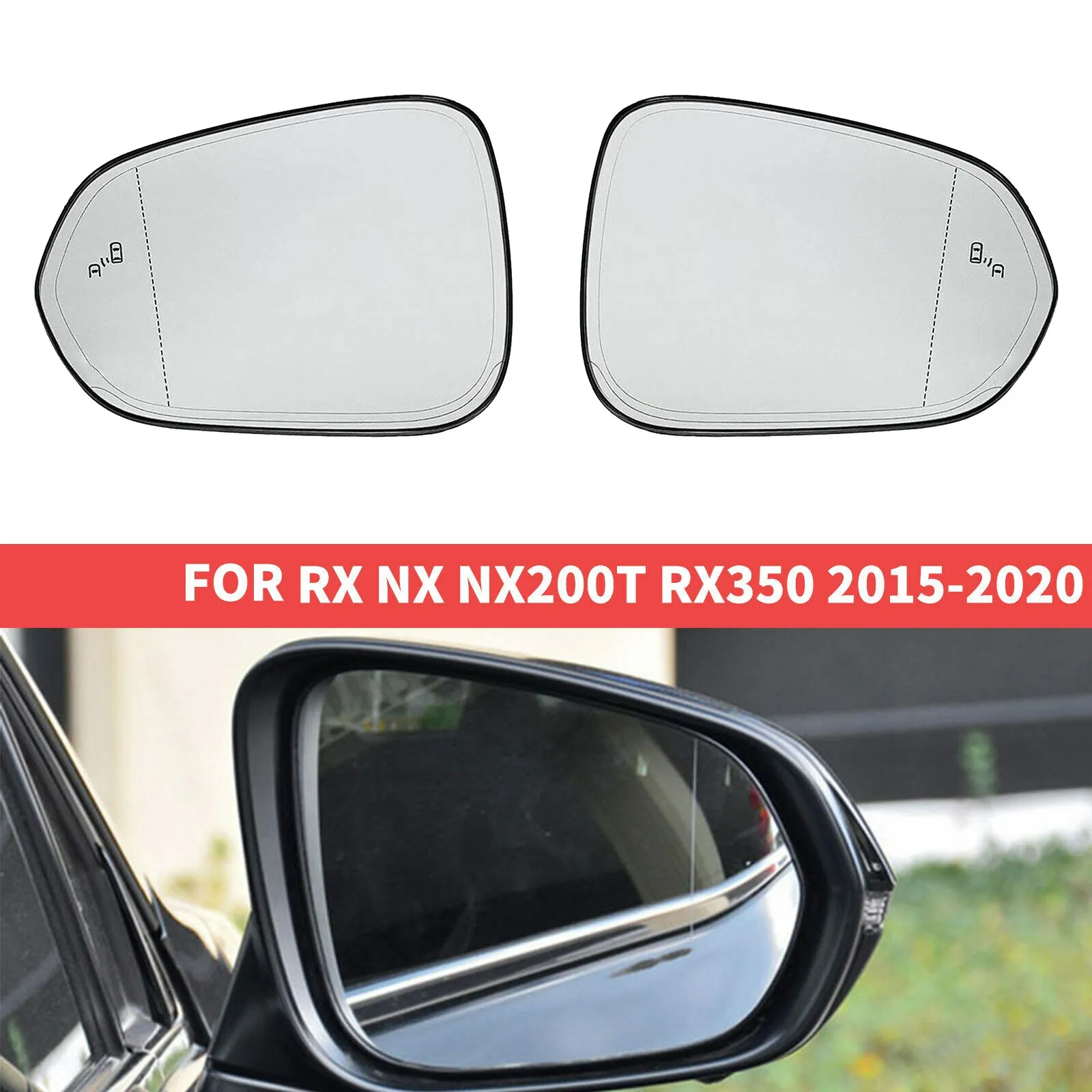 Left + Right Door Wing Side Mirror Glass Heated Blind Spot Warning with Backing Plate for Lexus RX 16-20 NX