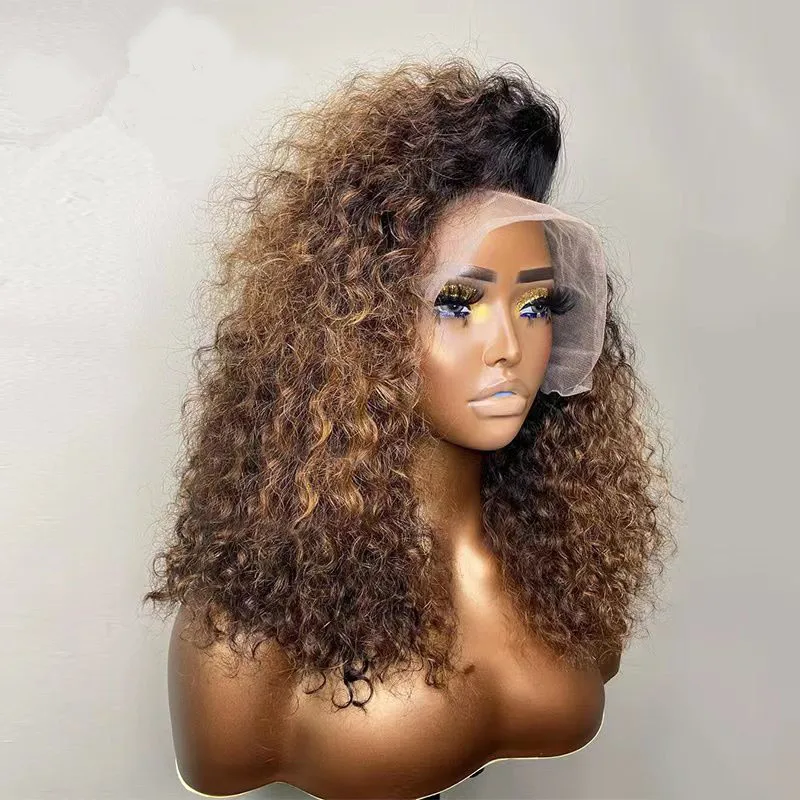 Perruque Lace Front Wig sans colle, cheveux crépus bouclés, blond ombré, 26 pouces de long, densité 180, pour femmes noires, cheveux de bébé, pre-plucked, degré de chaleur