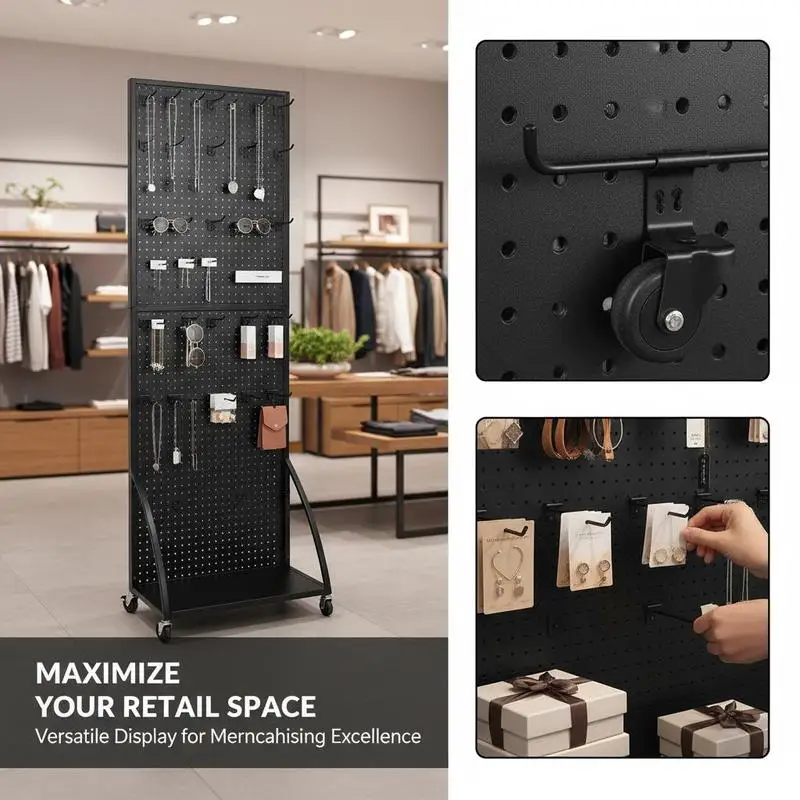 Mobil Sergi Rafı 23,7 x 66 inç Perakende Mağazası, Kuyumcu, El Sanatları Fuarı İçin, Soğuk Haddelenmiş Çelik Pegboard Panel, Tekerlekler, 30 Kancalı, Çift Taraflı Taban Plakası, Siyah