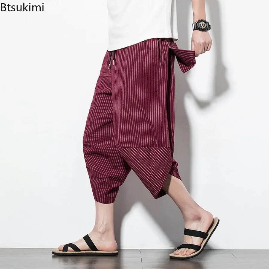 2025 Summer Harajuku Calf Length Pants New Men's Casual Wide Leg Cotton Linen Harem Pants Hip Hop Baggy Pants for Men Streetwear