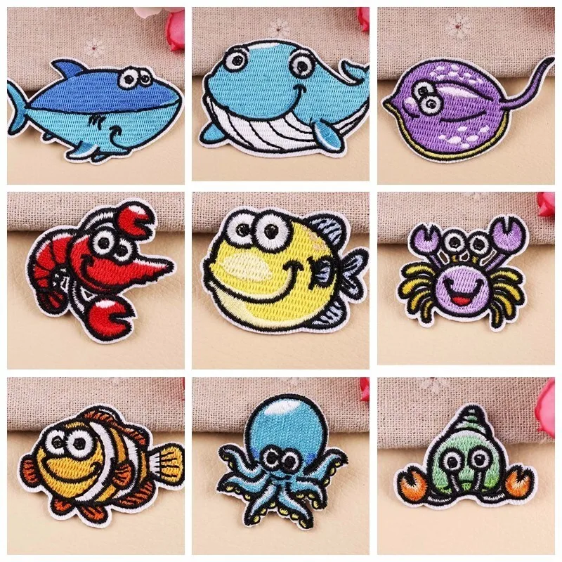 Marine life Animal patches Cartoon badge for Children's BOY clothes Patches For Clothing Appliqued badges Shark jellyfish shrimp