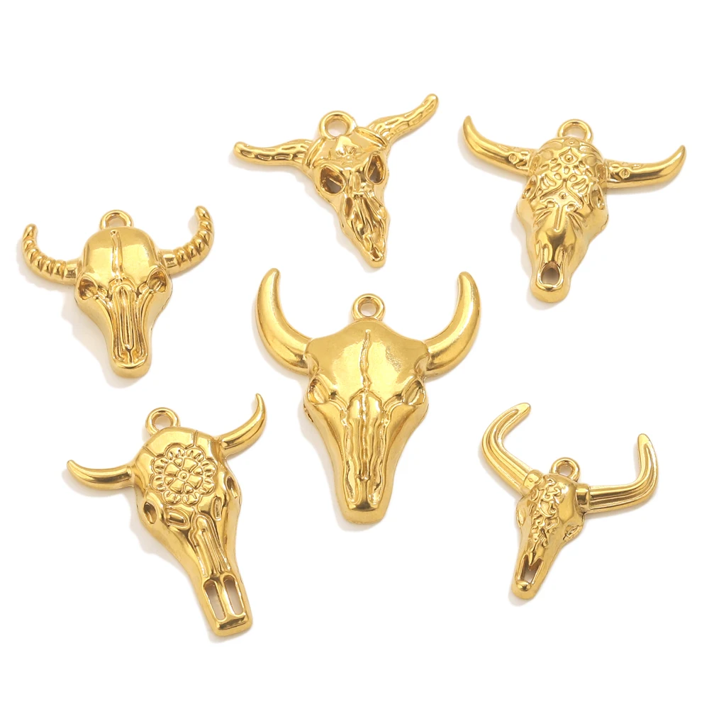 5pcs Stainless Steel Western Mexican Bull Head Charms For Jewelry Making DIY PVD 18K Gold Plated Pendants Jewelry Accessories