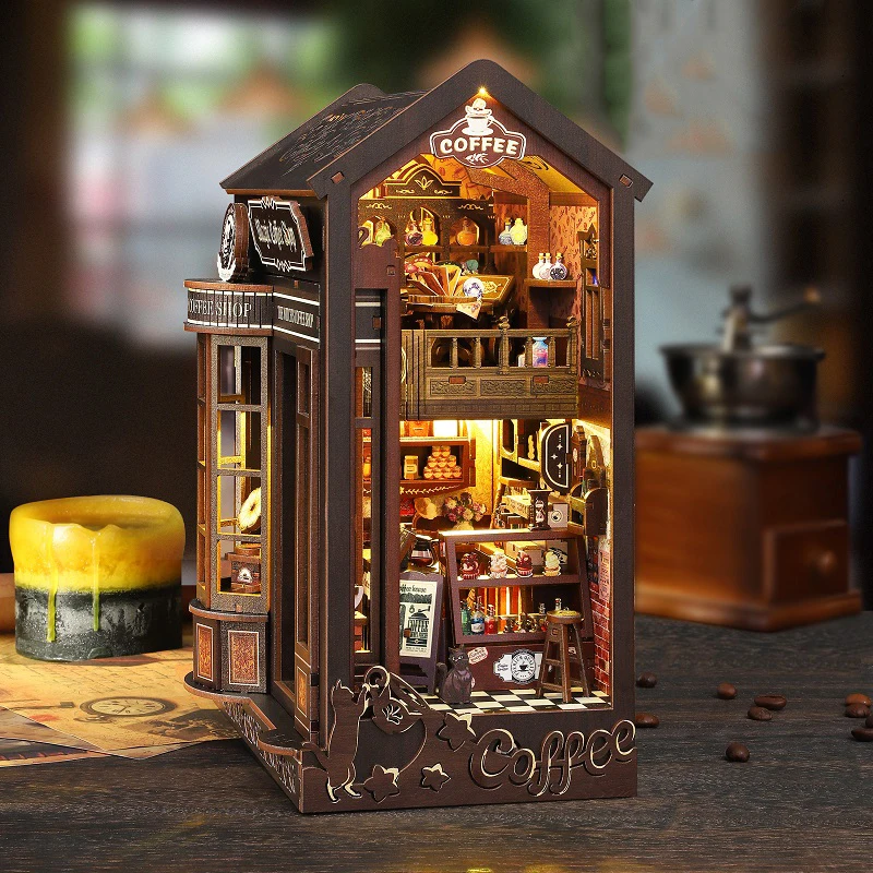 DIY Book Nook Plank Insert Kits Magic Coffee Shop Boekenplank Houten Miniatuur Model Kit Handgemaakte Boekensteun voor Vriend Verjaardagscadeau