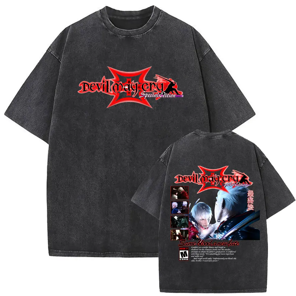 Washed Vintage Game Devil May Cry Dante Vergil T Shirt Men Women Fashion Casual Oversized T-shirt Male Hip Hop Retro Streetwear