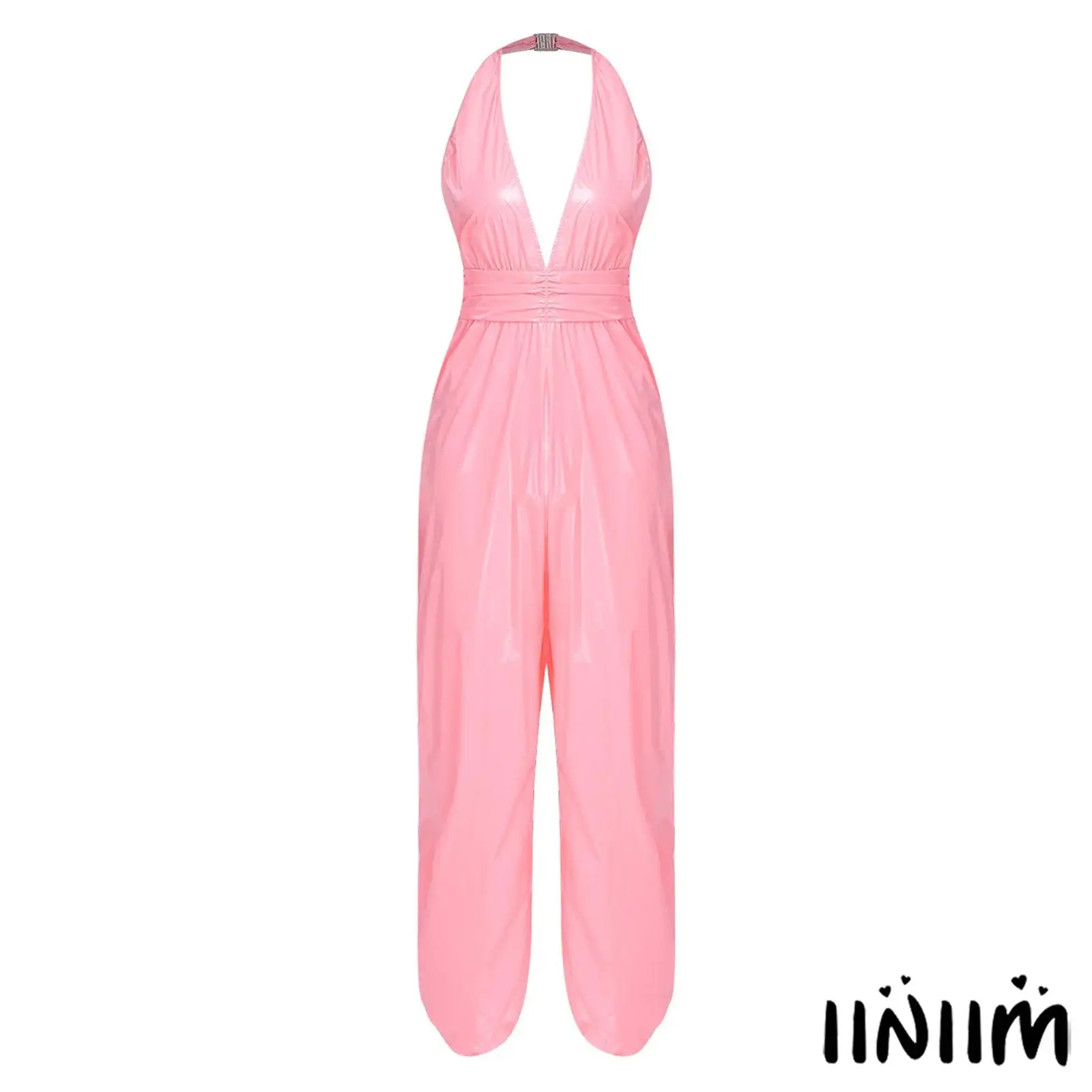 Womens Club Pole Dance Carnival Jumpsuit Water Resistant Halter Backless Ruched Waist Side Split Back Zipper Bodysuit Clubwear