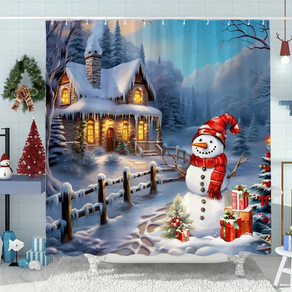 Snowman Christmas Tree Shower Curtain Merry Christmas Gift Polyester Fabric Home Shower Curtain Bathroom Decoration with Hooks