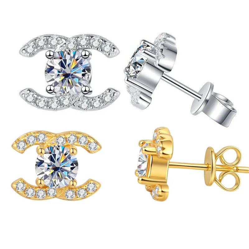 

S925 Sterling Silver Earrings European and American Style New Cross-Border Small Fragrance Double C Inlaid Moissanite Earrings for Women