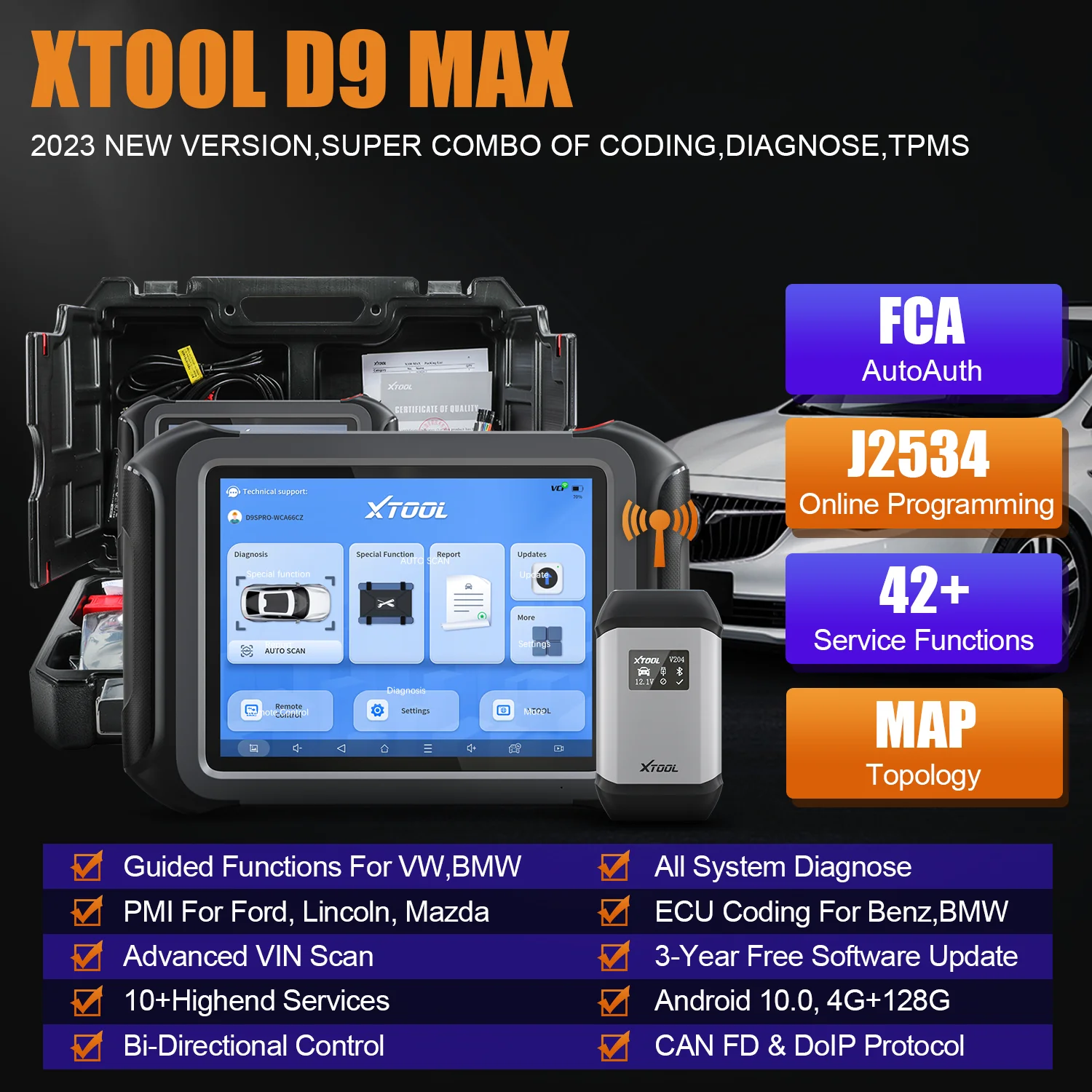 XTOOL D9 MAX Bluetooth Diagnostic Tools With J2534 ECU Programming For Benz 42+ Resets Topology Map 3-Years Free FCA DoIP CAN FD