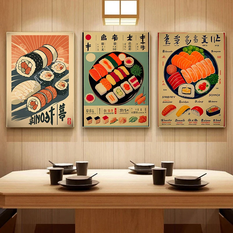 Japanese Food Delicious Sushi Salmon Roll Caviar Retro Poster Canvas Painting Wall Art Pictures Home Kitchen Restaurant Decor