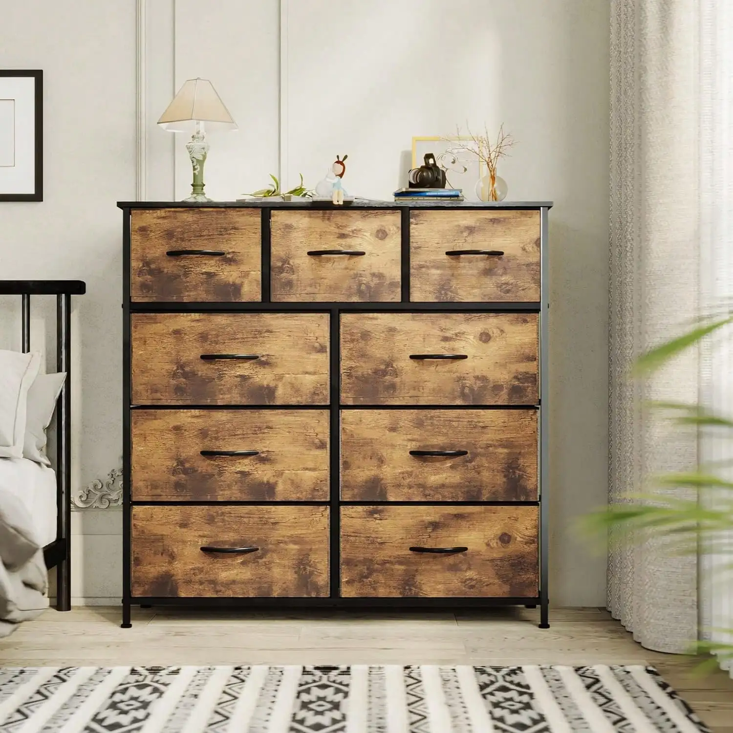 

9 Drawers - Fabric Storage Tower, Organizer Unit For Living Room, Hallway Wooden Top & Easy Pull Bins