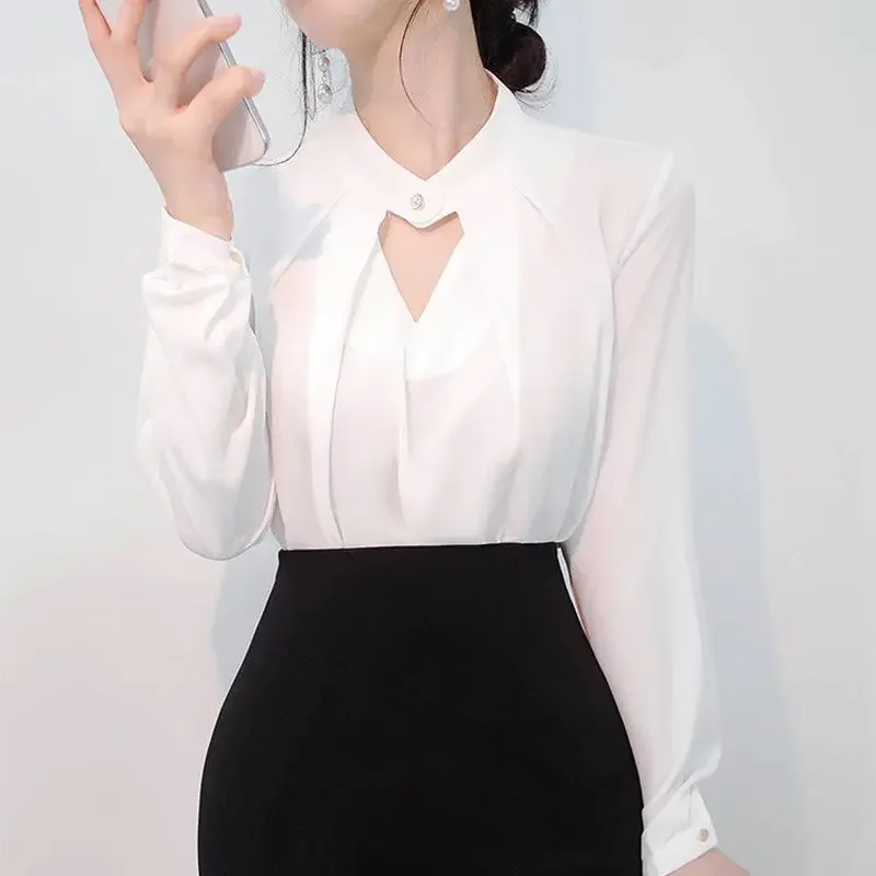 Elegant V-neck White Chiffon Shirt Women's Long Sleeve Professional Style Pullover Summer Top Stylish Business Casual Shirt