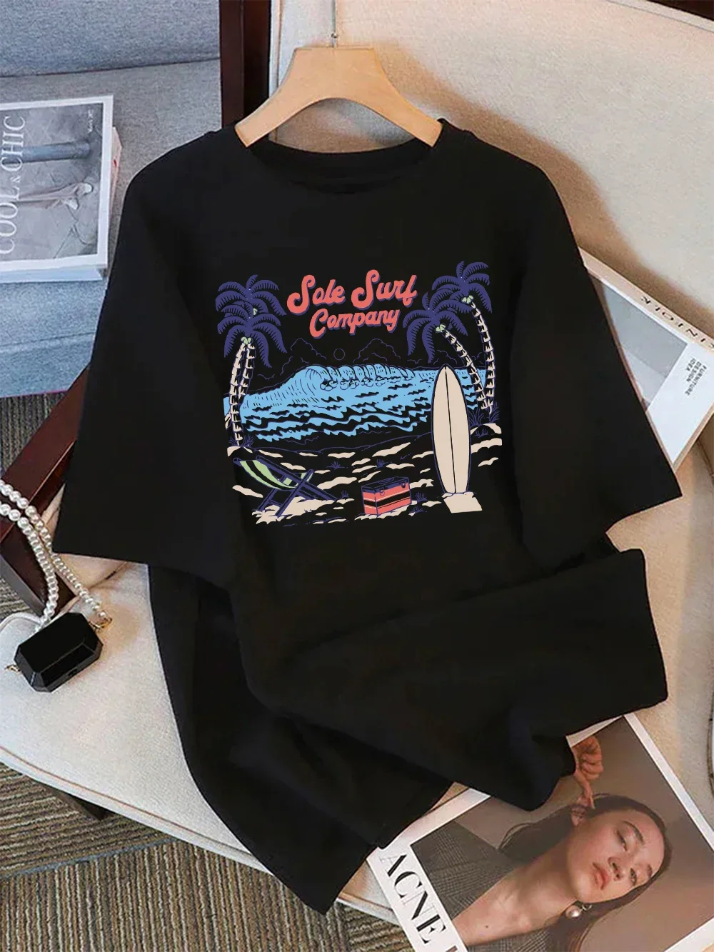 Sale Surf Company Wave Coconut Tree Prints Women T-Shirt Summer crew neck T Shirt O-Neck Comfortable Tops Basic Women Clothes