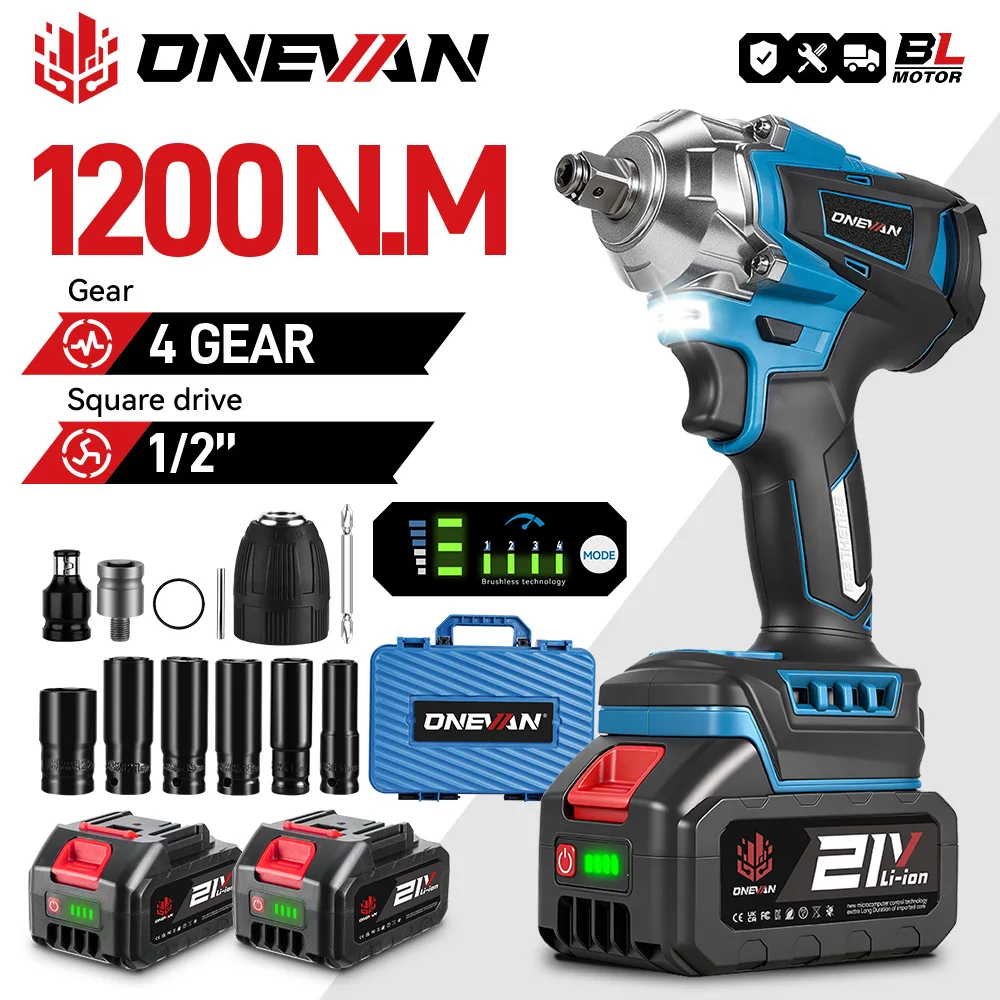 ONEVAN 1200N.M Bürstenloser elektrischer Schlagschrauber 1/2 Zoll Akku-Schraubenschlüssel Schraubendreher Elektrowerkzeug für Makita 18V Akku Pin