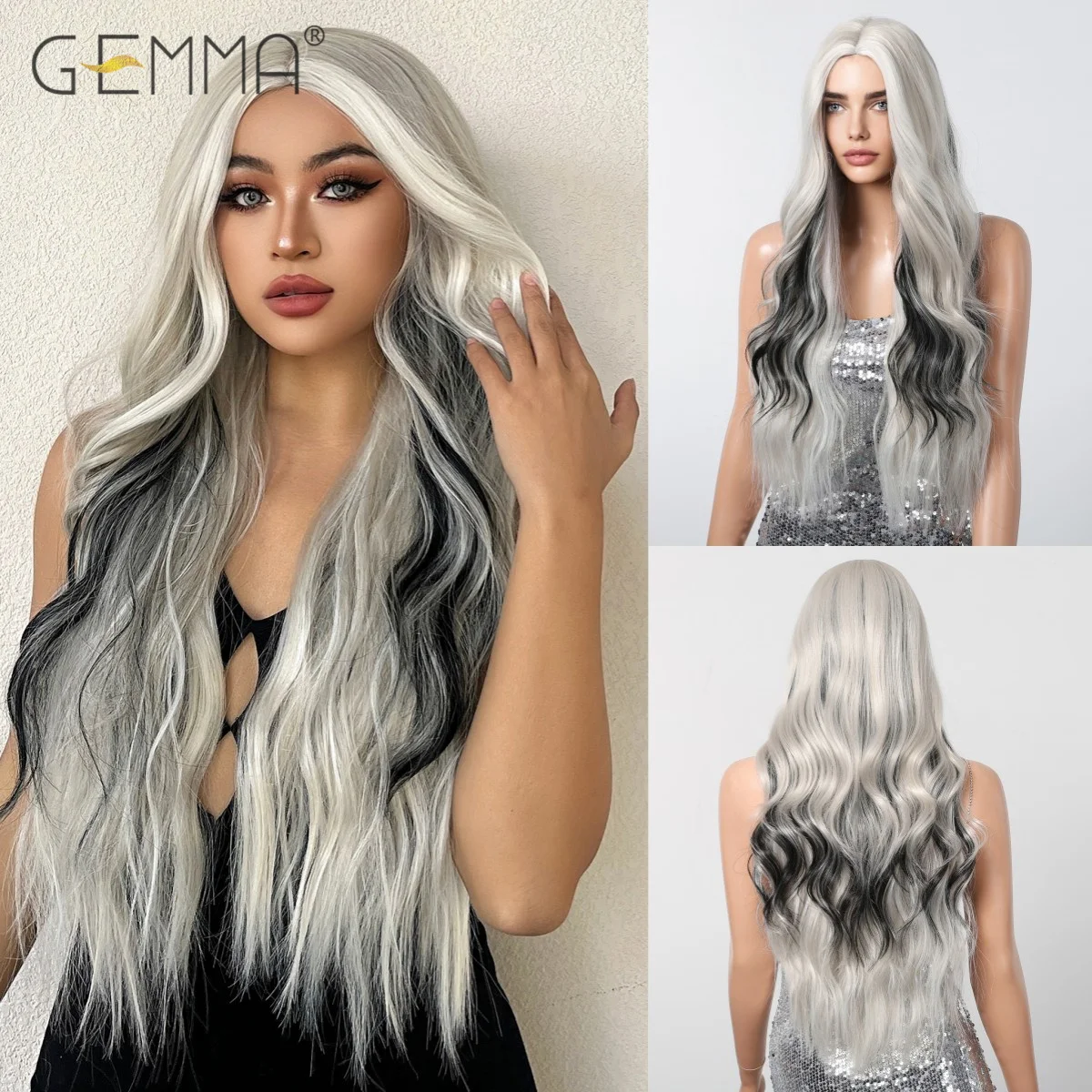 

Long Wavy Synthetic Black Light Ash Blonde Wig Blonde Highlight Layered Natural Wave Cosplay Hair Wigs for Women Heat Resistant