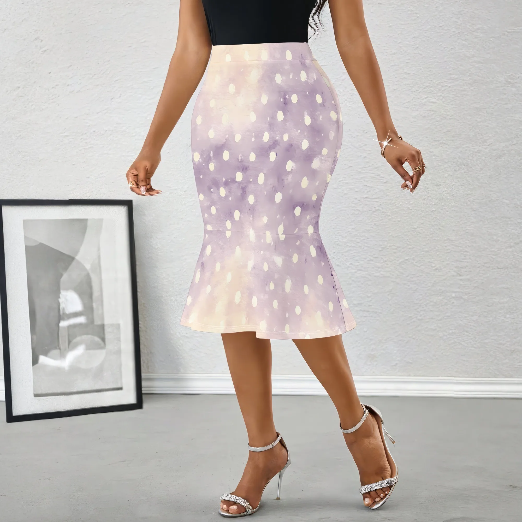 Polka Dot Midi Skirt, Purple Gradient Print, Mermaid Hemline, Elegant Party Wear, S-2XL
