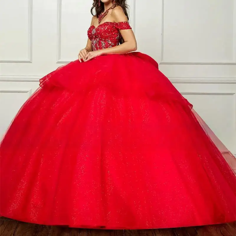 ที่กําหนดเองSky Blueเจ้าหญิงคริสตัลLayered Bow 15 Quinceanera Ball Gownปิดไหล่Applique CourtรถไฟVestido De