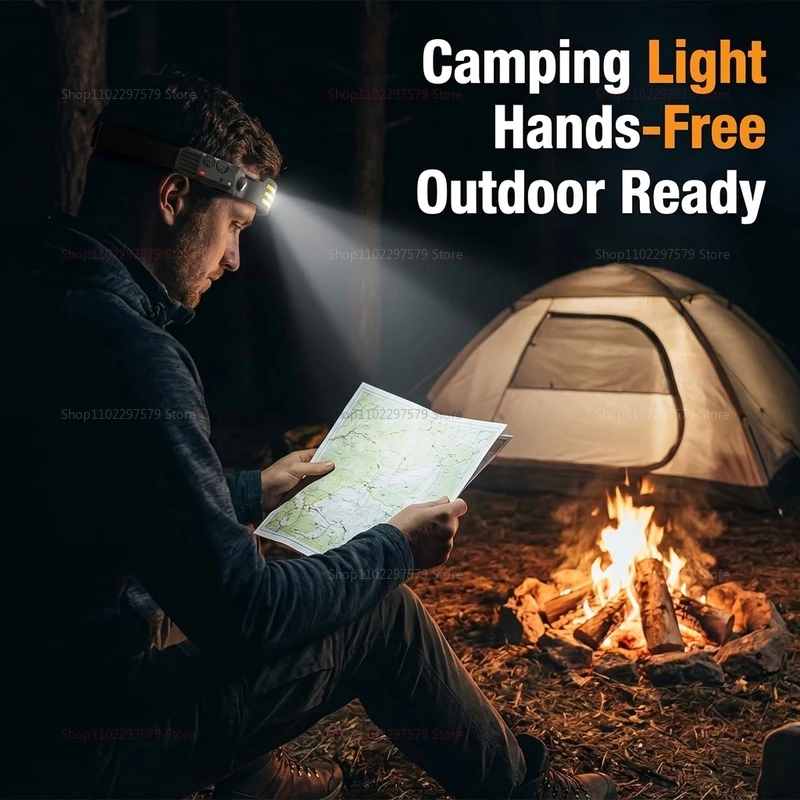 USB Rechargeable COB LED Induction Headlamp with Built-in Battery, Hands-Free Head Flashlight Lantern for Outdoor Camping