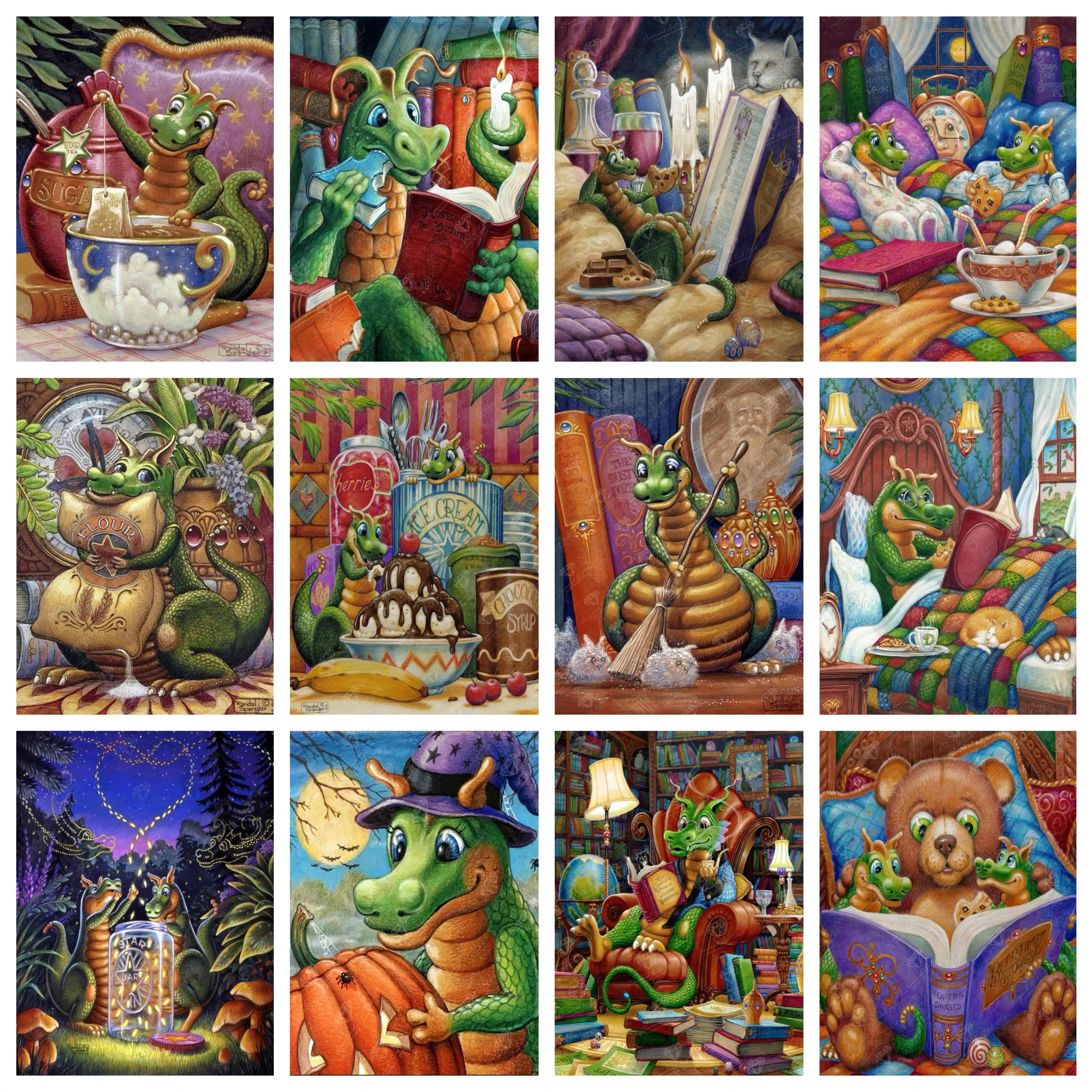 

Cute Animal Little Dragon 5D DIY Diamond Painting Reading Books By Randal Spangler Cross Stitch Mosaic Home Decor Creative Gifts