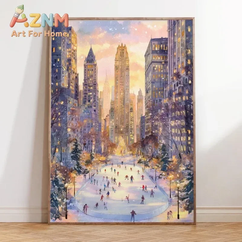 Winter New York City Canvas Wall Art Unframed Print Christmas Ice Skating Scene Poster for Festive Home Wall Decor