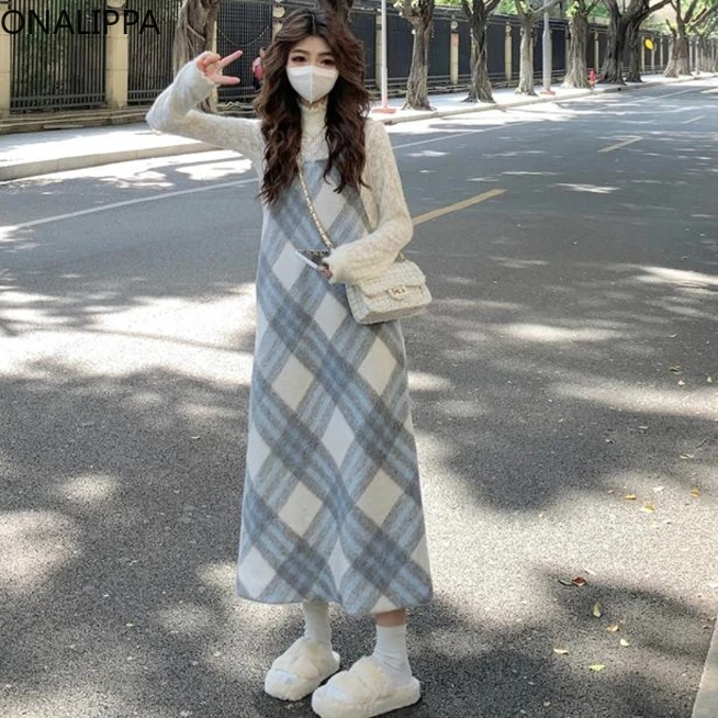 Onalippa Contrast Plaid Wool Dress for Women Sleeveless Straight Loose Winter Clothes Korean Preppy Style Sweet Midi Dresses