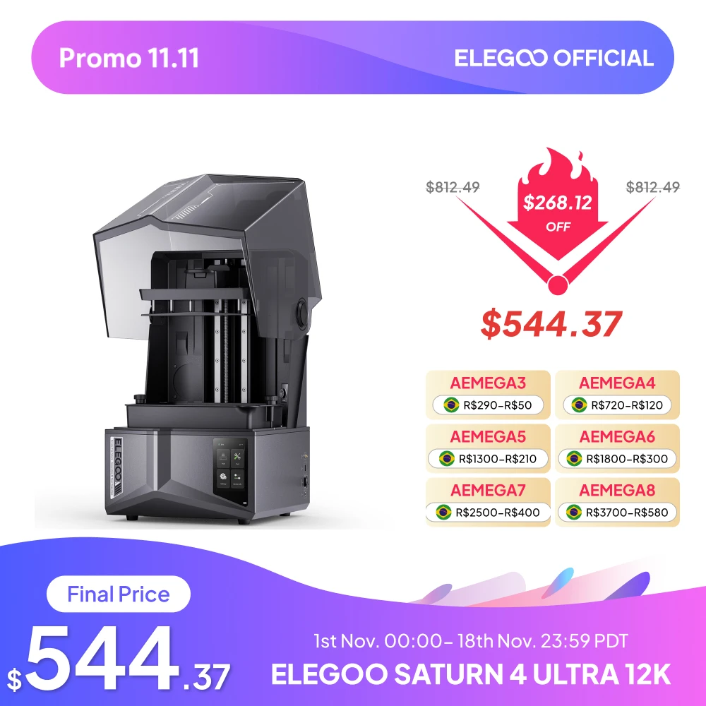 Impressora 3D ELEGOO SATURN 4 ULTRA 12K com Nivelamento Automático, Monitoramento de Impressão por IA, Impressão de Alta Velocidade Tamanho 218x122x220mm