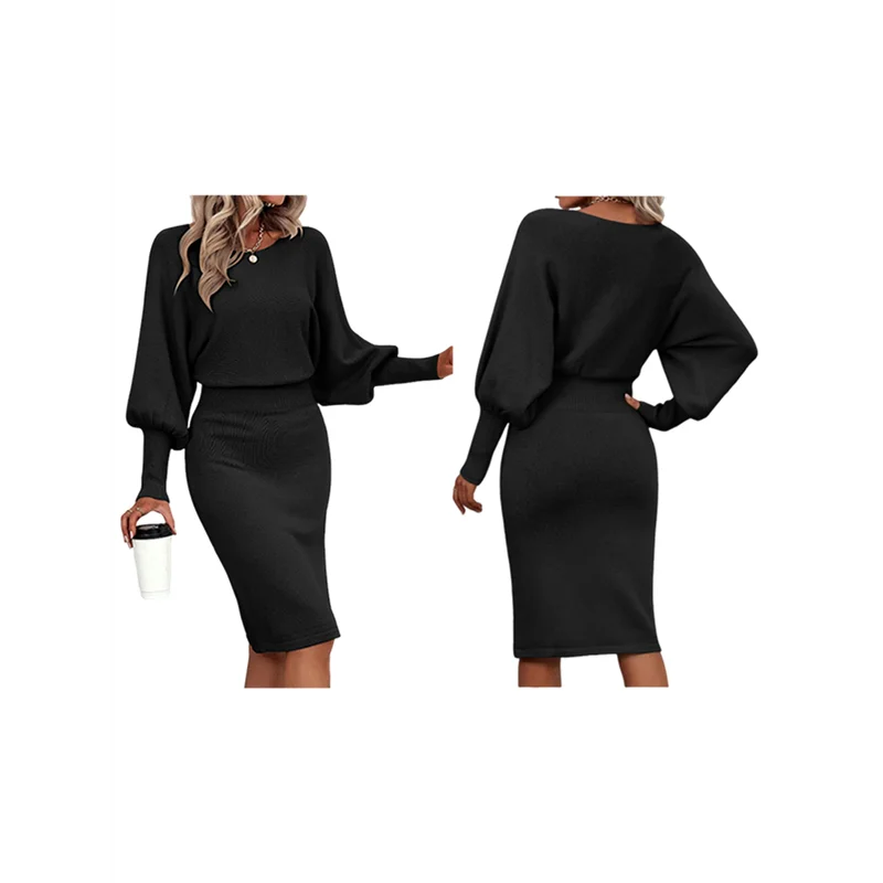 

ABRT-женский фонарь с длинным рукавом и высокой талией, формальный облегающий пуловер-карандаш миди, свитер, платья, одежда черного цвета XL